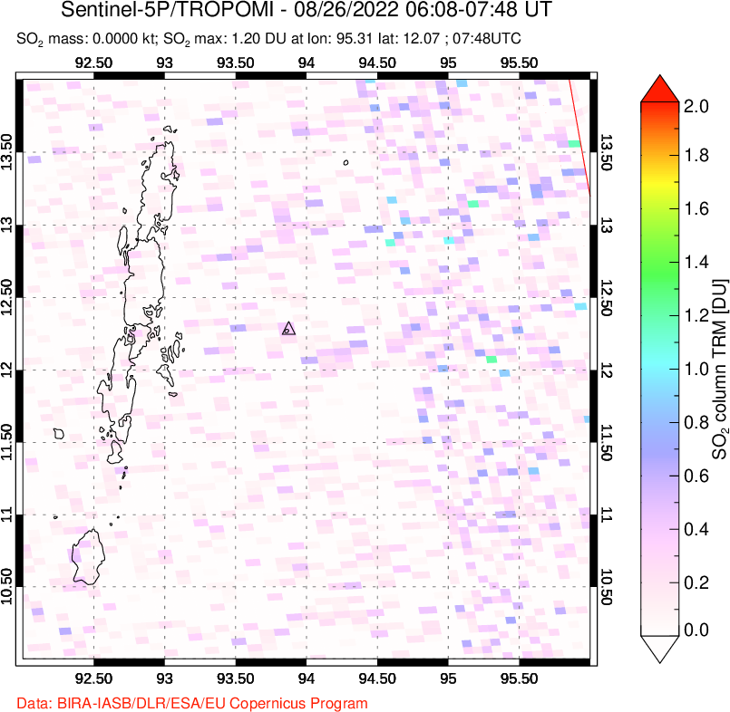 A sulfur dioxide image over Andaman Islands, Indian Ocean on Aug 26, 2022.