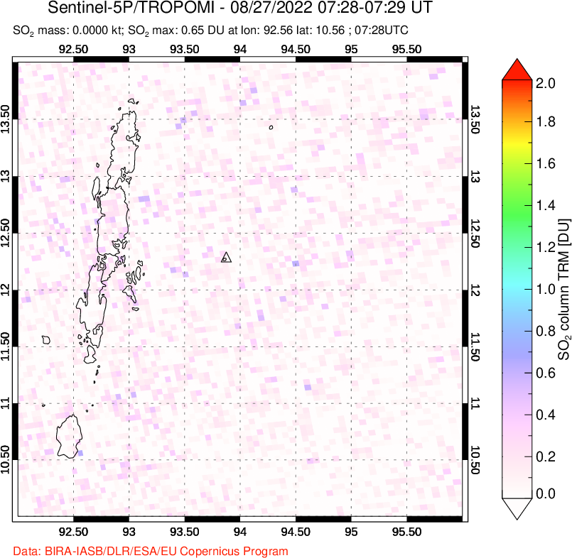 A sulfur dioxide image over Andaman Islands, Indian Ocean on Aug 27, 2022.