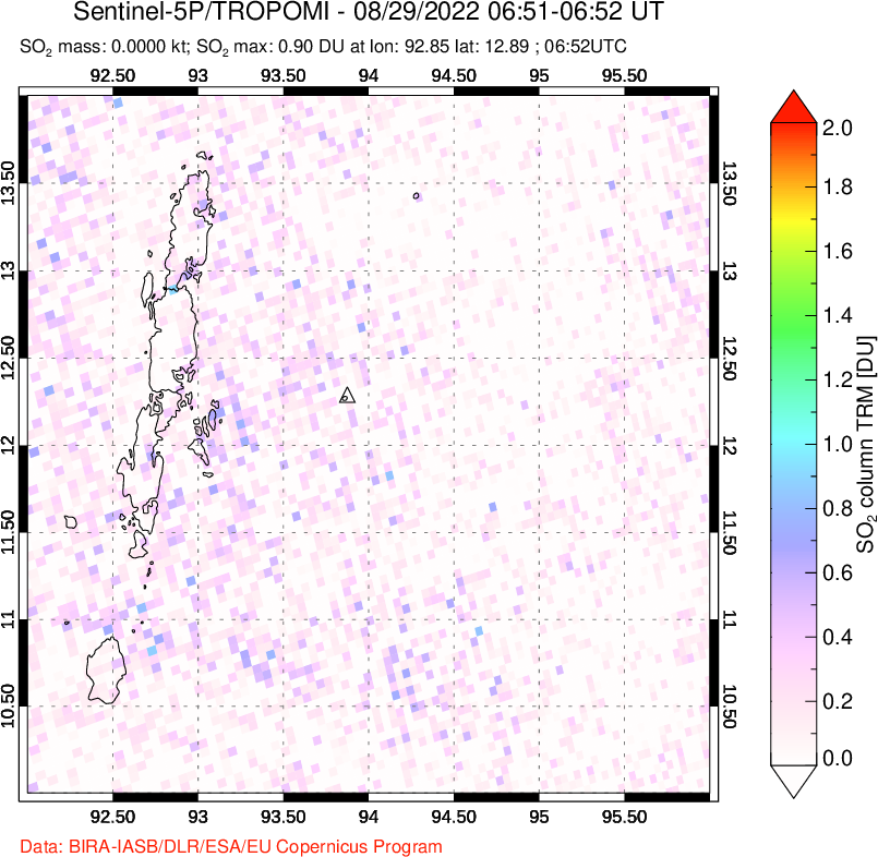 A sulfur dioxide image over Andaman Islands, Indian Ocean on Aug 29, 2022.