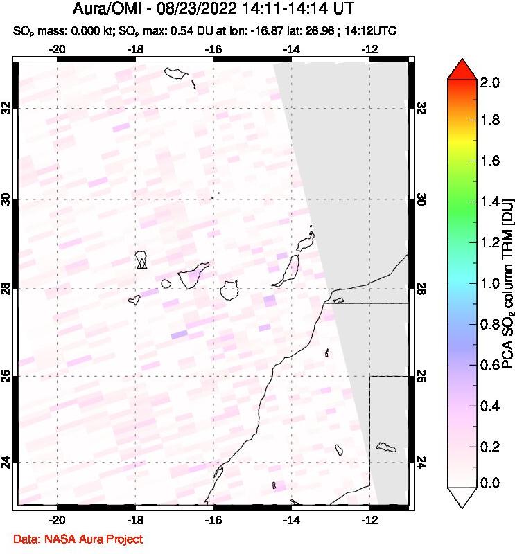 A sulfur dioxide image over Canary Islands on Aug 23, 2022.