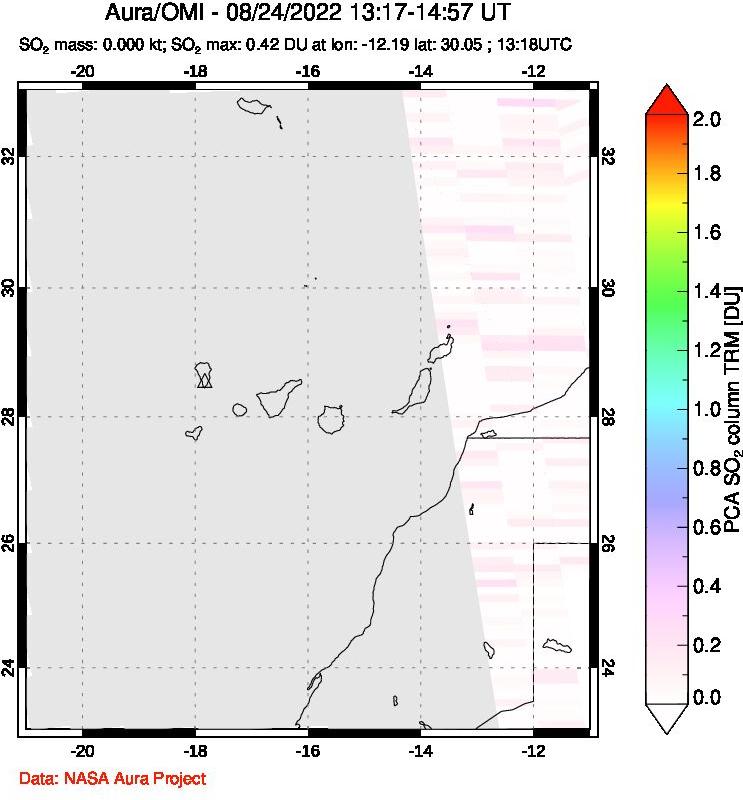 A sulfur dioxide image over Canary Islands on Aug 24, 2022.