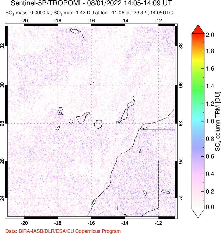 A sulfur dioxide image over Canary Islands on Aug 01, 2022.