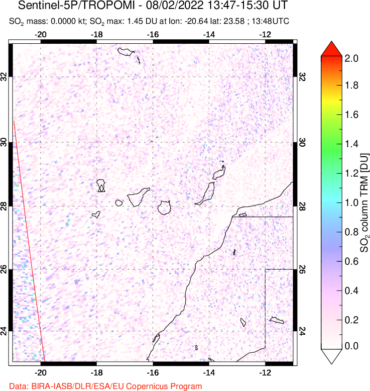 A sulfur dioxide image over Canary Islands on Aug 02, 2022.