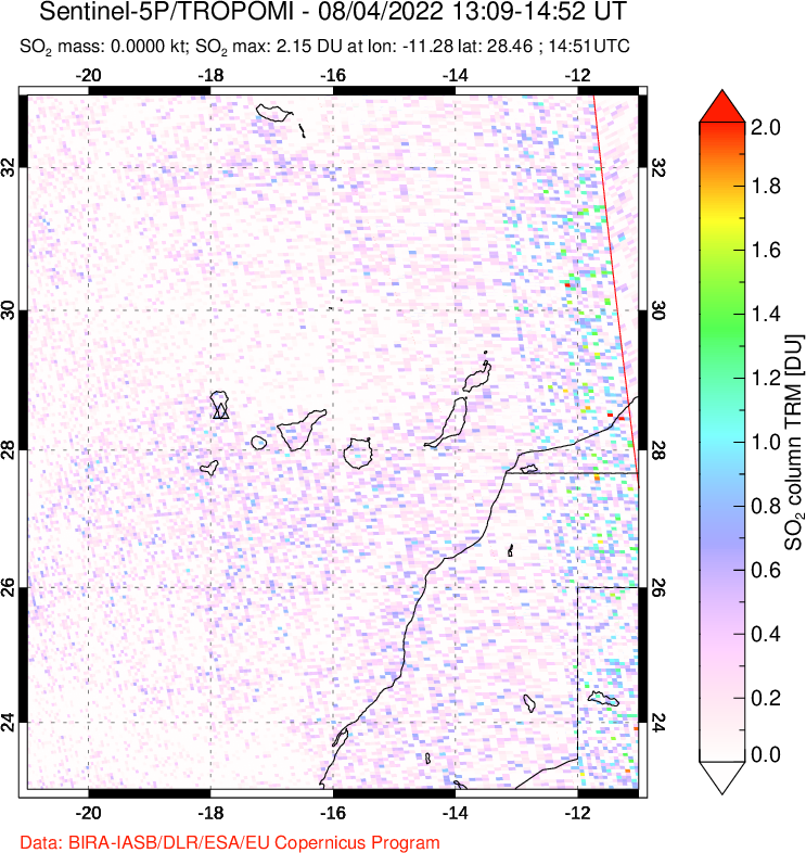 A sulfur dioxide image over Canary Islands on Aug 04, 2022.