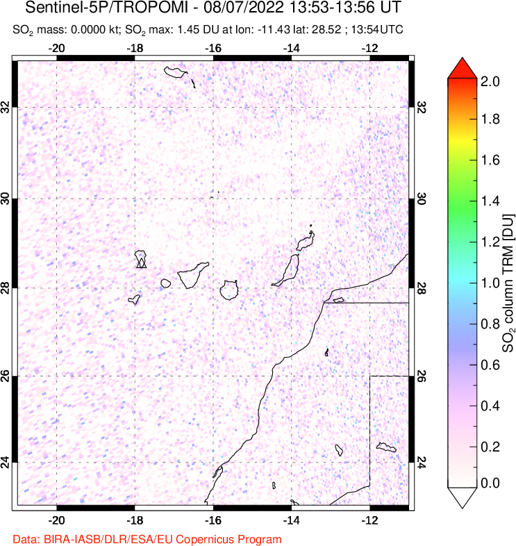 A sulfur dioxide image over Canary Islands on Aug 07, 2022.