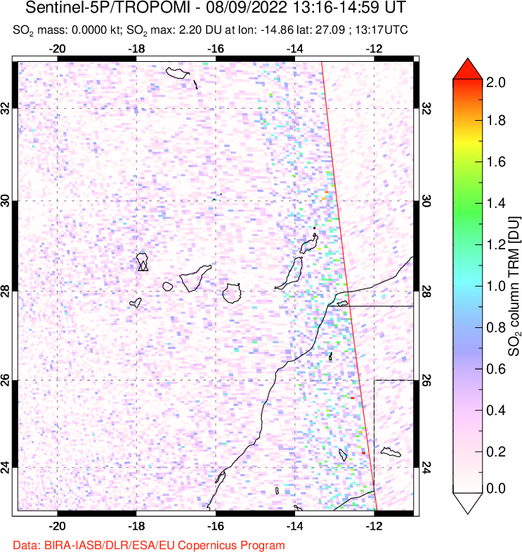 A sulfur dioxide image over Canary Islands on Aug 09, 2022.