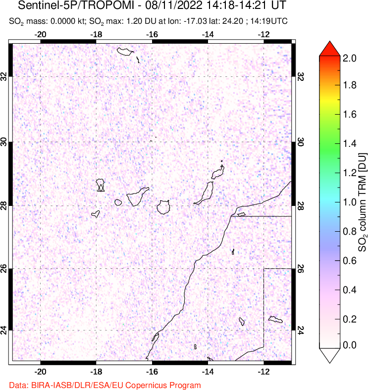 A sulfur dioxide image over Canary Islands on Aug 11, 2022.