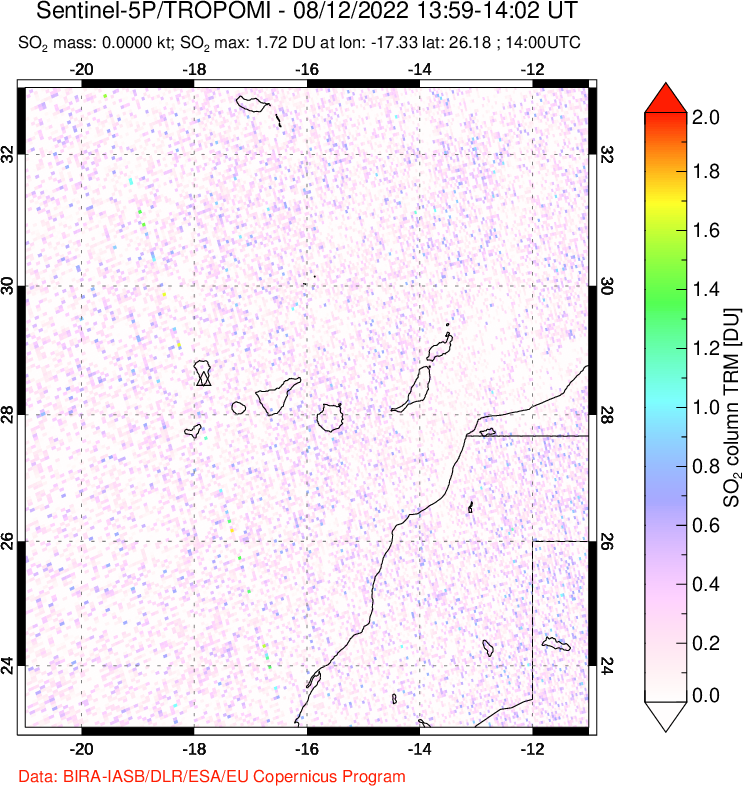 A sulfur dioxide image over Canary Islands on Aug 12, 2022.