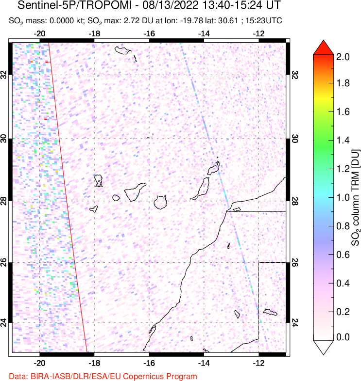 A sulfur dioxide image over Canary Islands on Aug 13, 2022.
