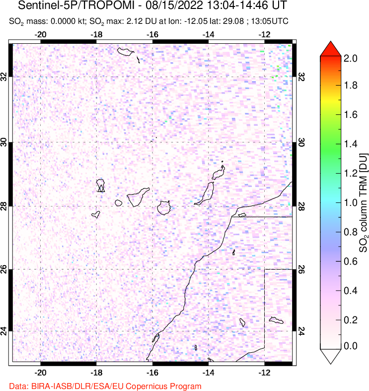 A sulfur dioxide image over Canary Islands on Aug 15, 2022.
