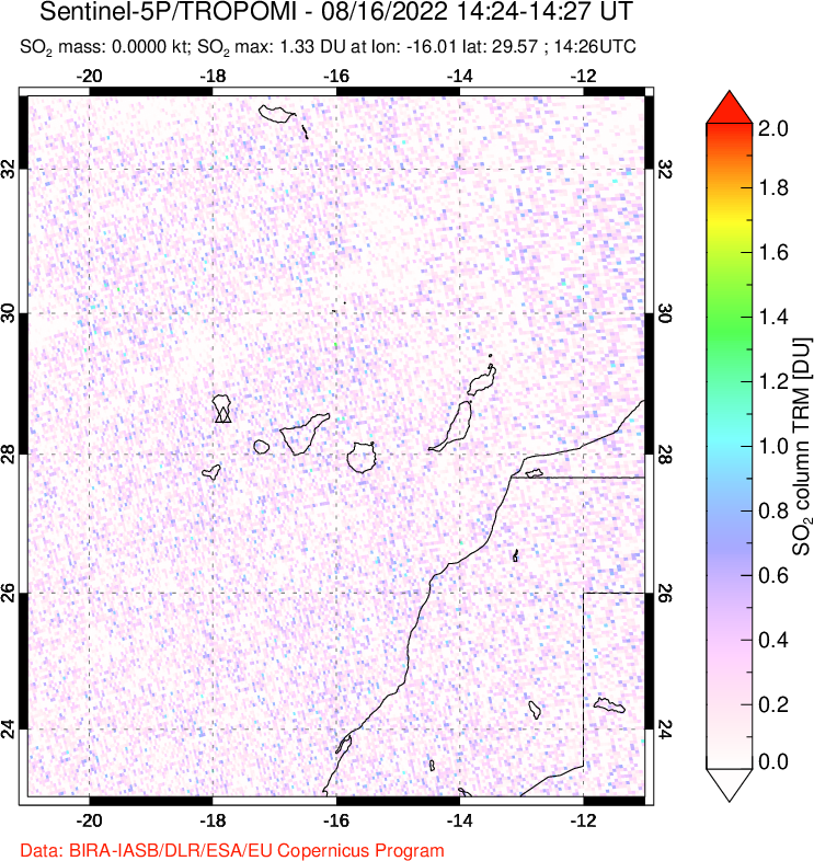 A sulfur dioxide image over Canary Islands on Aug 16, 2022.