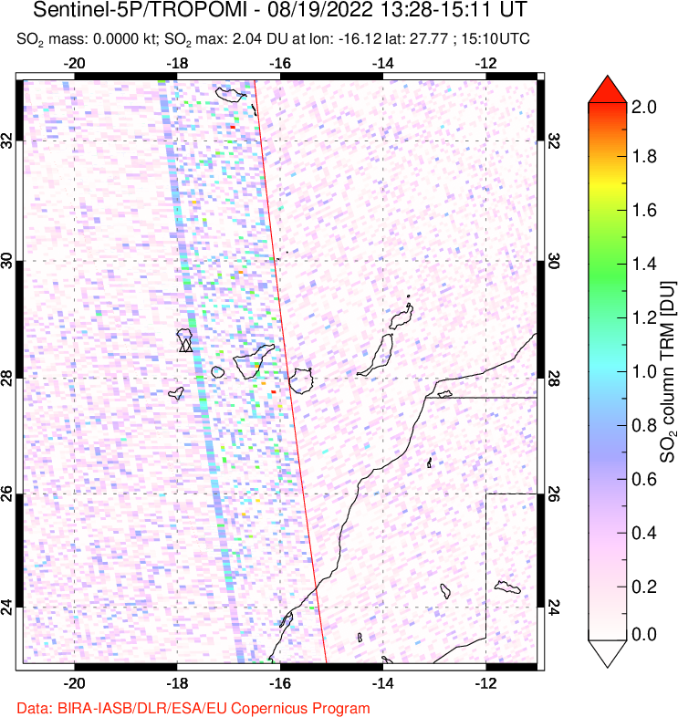 A sulfur dioxide image over Canary Islands on Aug 19, 2022.