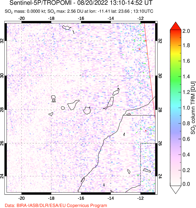 A sulfur dioxide image over Canary Islands on Aug 20, 2022.
