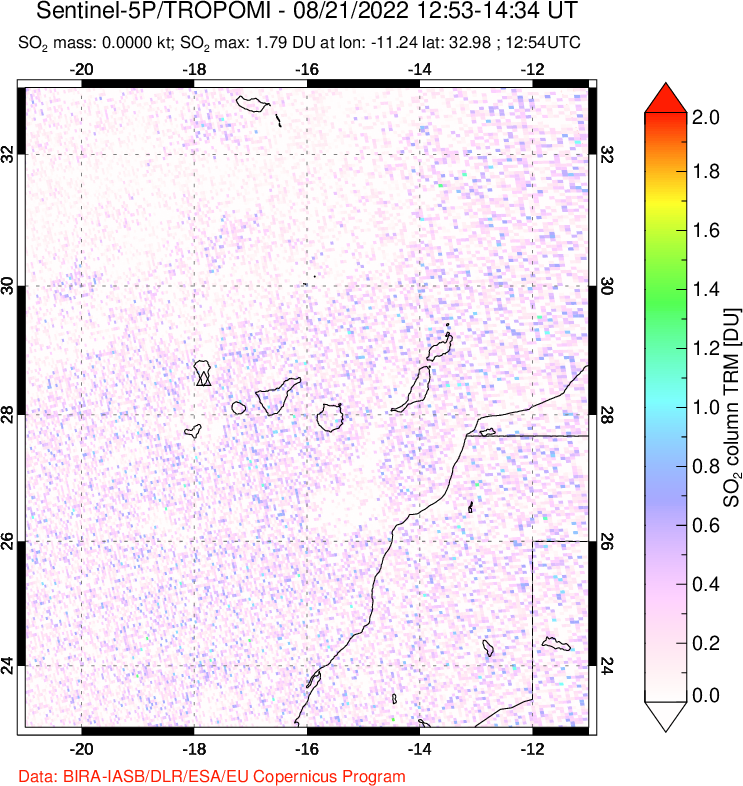 A sulfur dioxide image over Canary Islands on Aug 21, 2022.