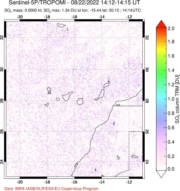 A sulfur dioxide image over Canary Islands on Aug 22, 2022.
