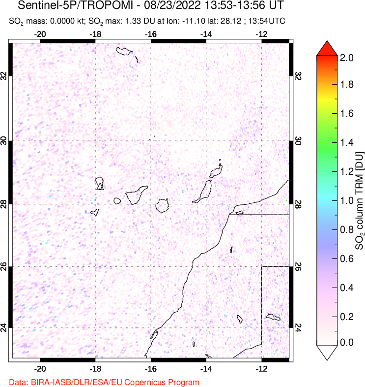 A sulfur dioxide image over Canary Islands on Aug 23, 2022.