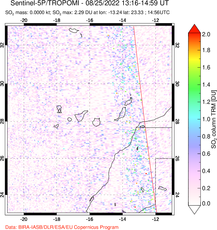 A sulfur dioxide image over Canary Islands on Aug 25, 2022.