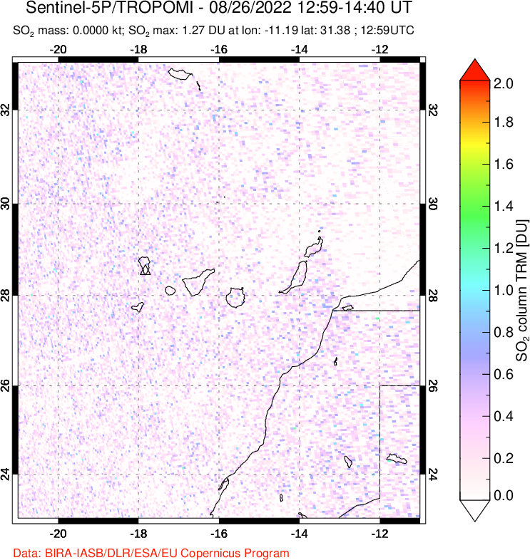 A sulfur dioxide image over Canary Islands on Aug 26, 2022.
