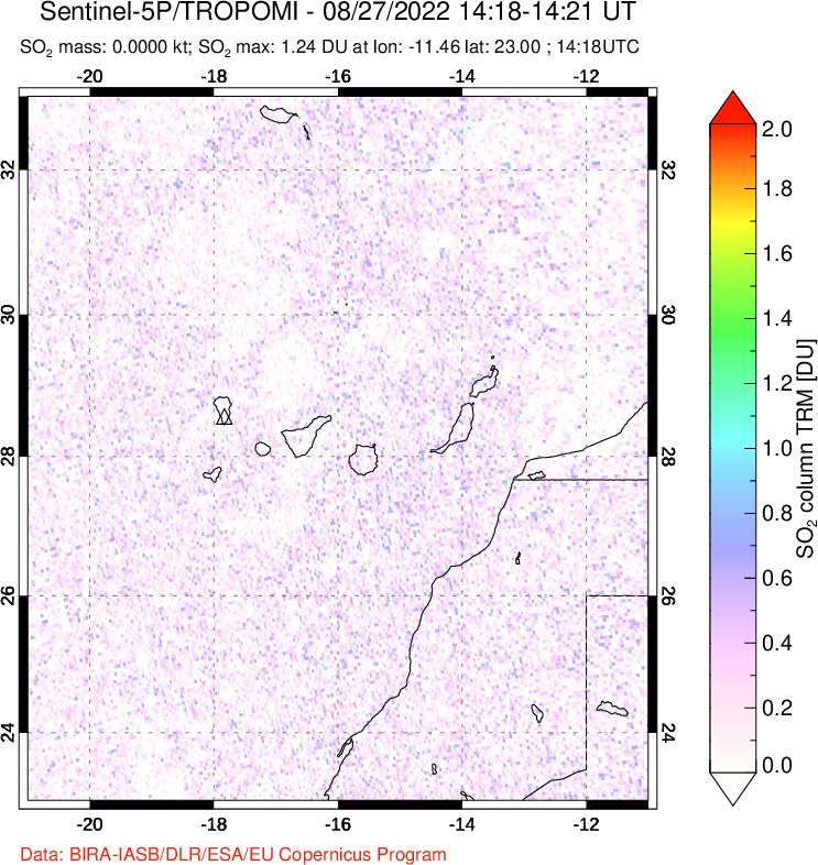 A sulfur dioxide image over Canary Islands on Aug 27, 2022.