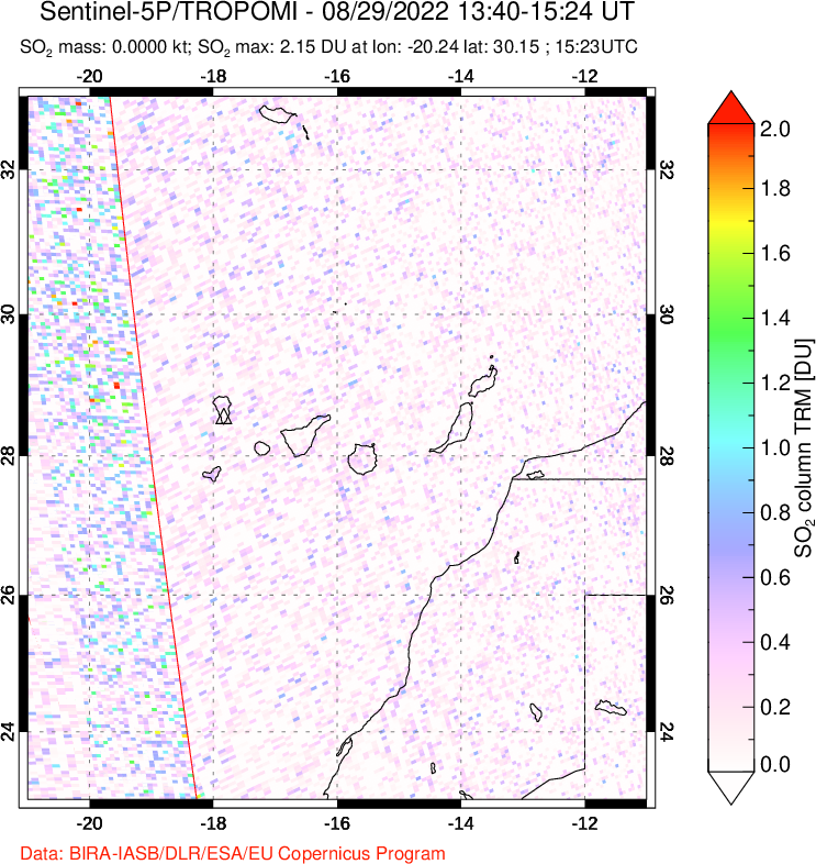 A sulfur dioxide image over Canary Islands on Aug 29, 2022.