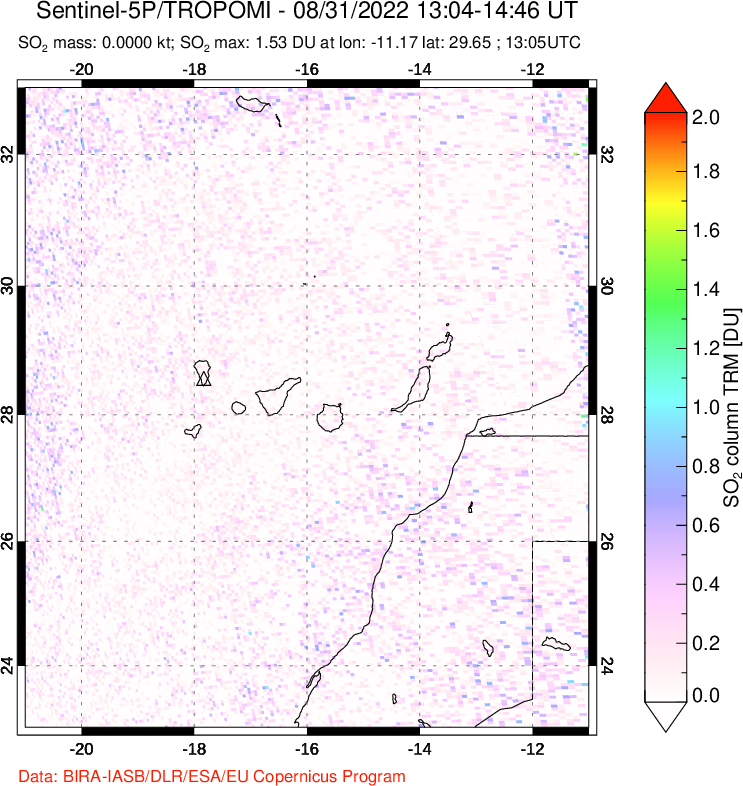 A sulfur dioxide image over Canary Islands on Aug 31, 2022.