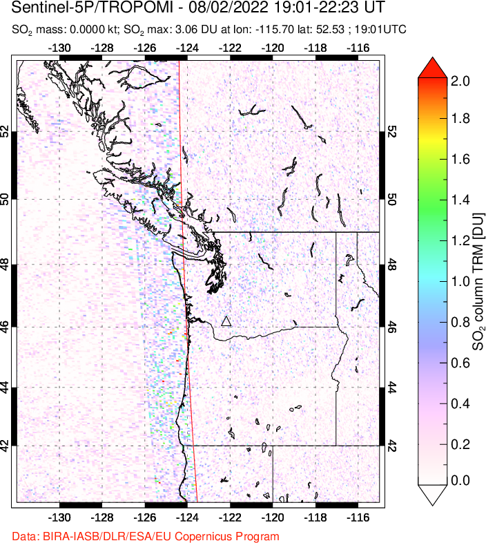 A sulfur dioxide image over Cascade Range, USA on Aug 02, 2022.