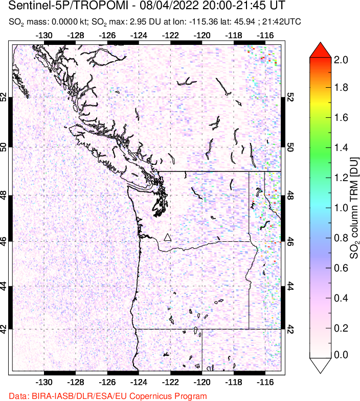 A sulfur dioxide image over Cascade Range, USA on Aug 04, 2022.