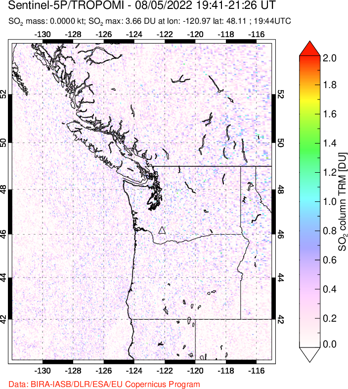 A sulfur dioxide image over Cascade Range, USA on Aug 05, 2022.