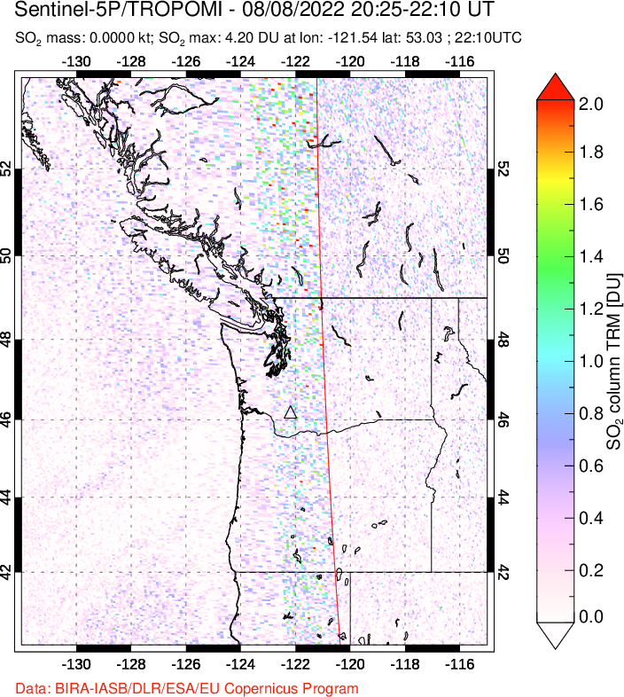 A sulfur dioxide image over Cascade Range, USA on Aug 08, 2022.