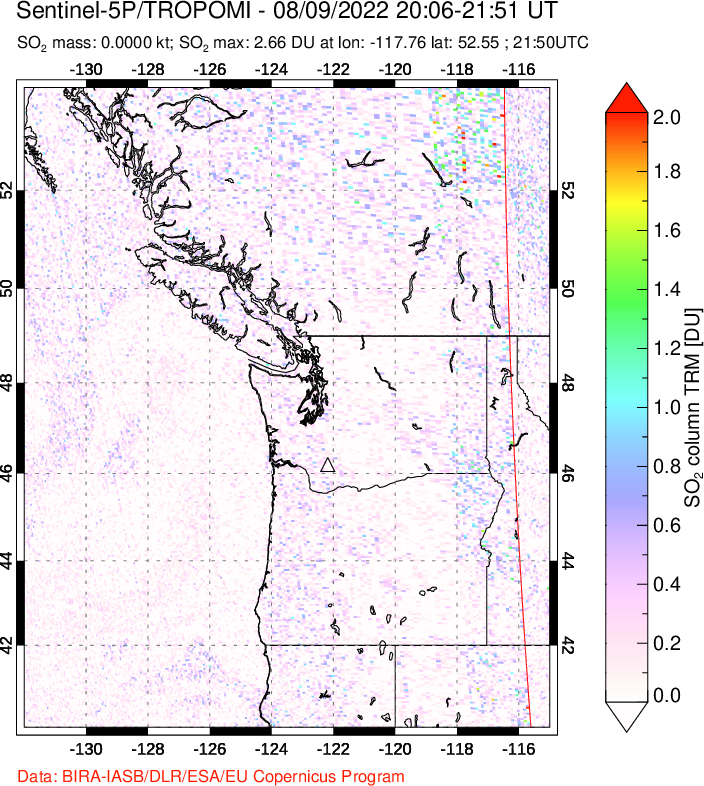 A sulfur dioxide image over Cascade Range, USA on Aug 09, 2022.
