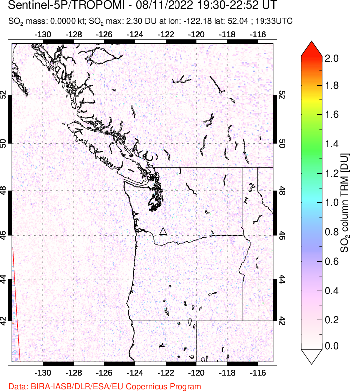 A sulfur dioxide image over Cascade Range, USA on Aug 11, 2022.