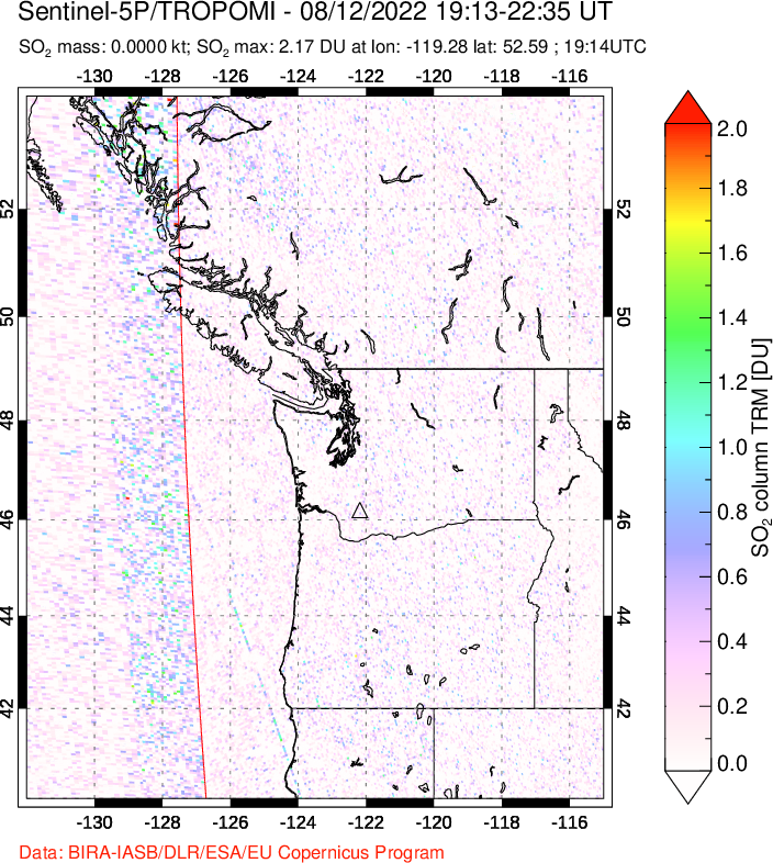 A sulfur dioxide image over Cascade Range, USA on Aug 12, 2022.