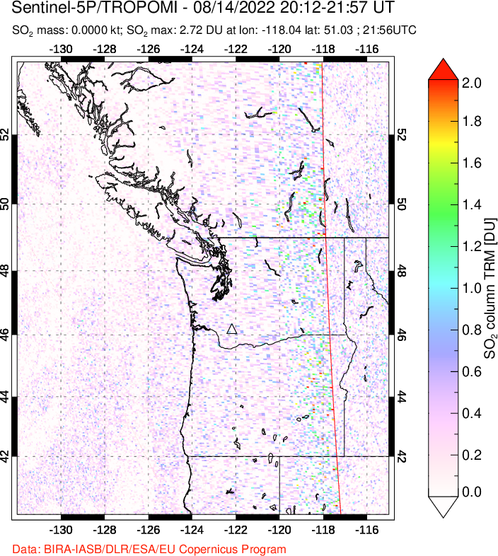 A sulfur dioxide image over Cascade Range, USA on Aug 14, 2022.