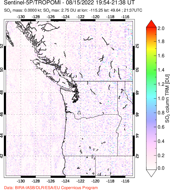 A sulfur dioxide image over Cascade Range, USA on Aug 15, 2022.