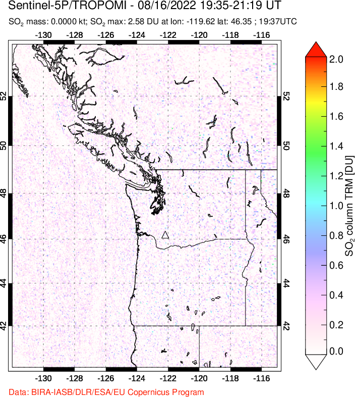 A sulfur dioxide image over Cascade Range, USA on Aug 16, 2022.
