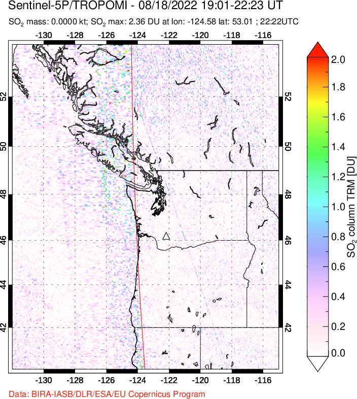 A sulfur dioxide image over Cascade Range, USA on Aug 18, 2022.