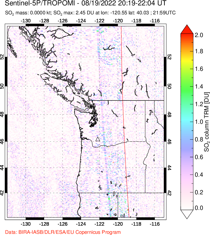 A sulfur dioxide image over Cascade Range, USA on Aug 19, 2022.