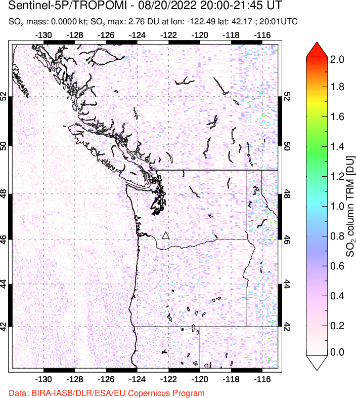 A sulfur dioxide image over Cascade Range, USA on Aug 20, 2022.
