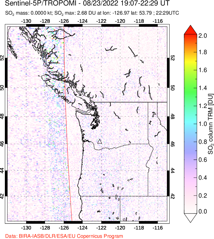 A sulfur dioxide image over Cascade Range, USA on Aug 23, 2022.