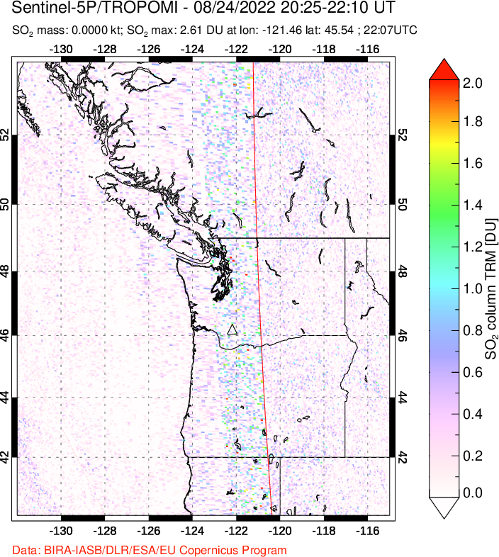 A sulfur dioxide image over Cascade Range, USA on Aug 24, 2022.