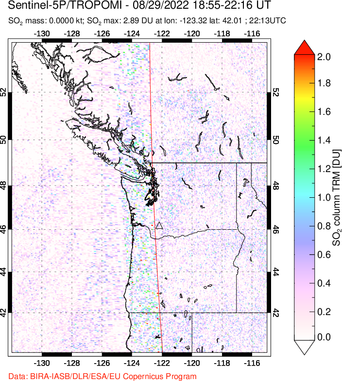A sulfur dioxide image over Cascade Range, USA on Aug 29, 2022.