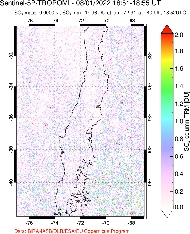 A sulfur dioxide image over Central Chile on Aug 01, 2022.