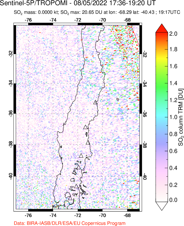 A sulfur dioxide image over Central Chile on Aug 05, 2022.