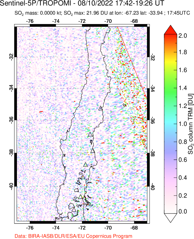 A sulfur dioxide image over Central Chile on Aug 10, 2022.