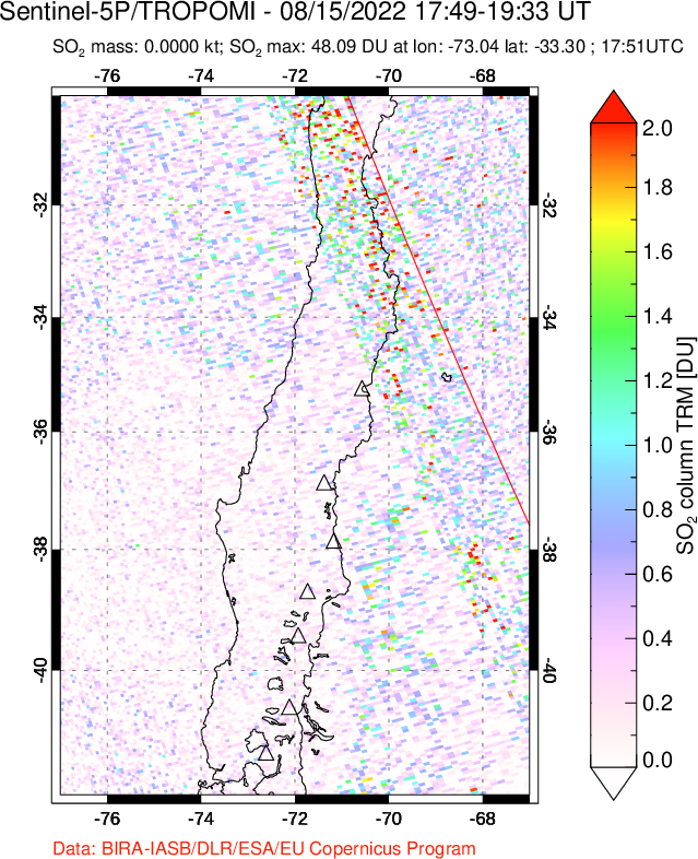 A sulfur dioxide image over Central Chile on Aug 15, 2022.