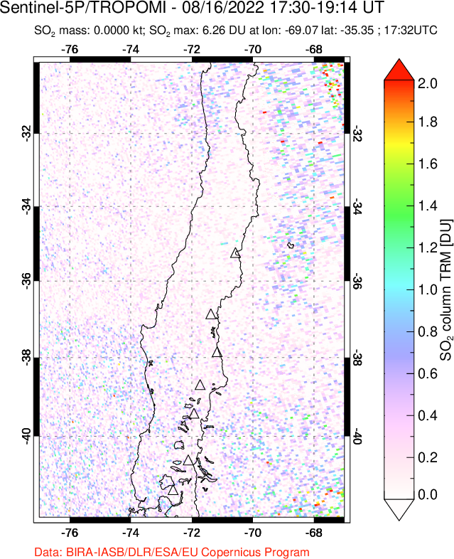 A sulfur dioxide image over Central Chile on Aug 16, 2022.