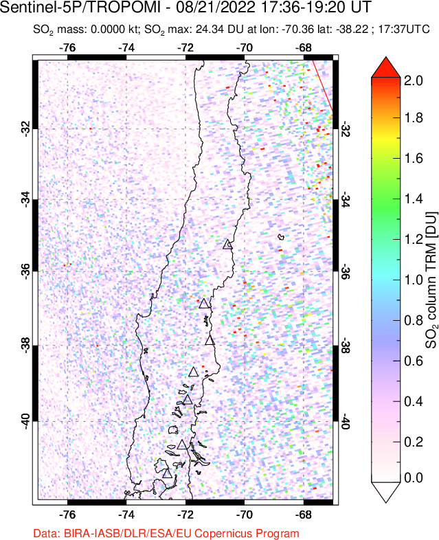 A sulfur dioxide image over Central Chile on Aug 21, 2022.