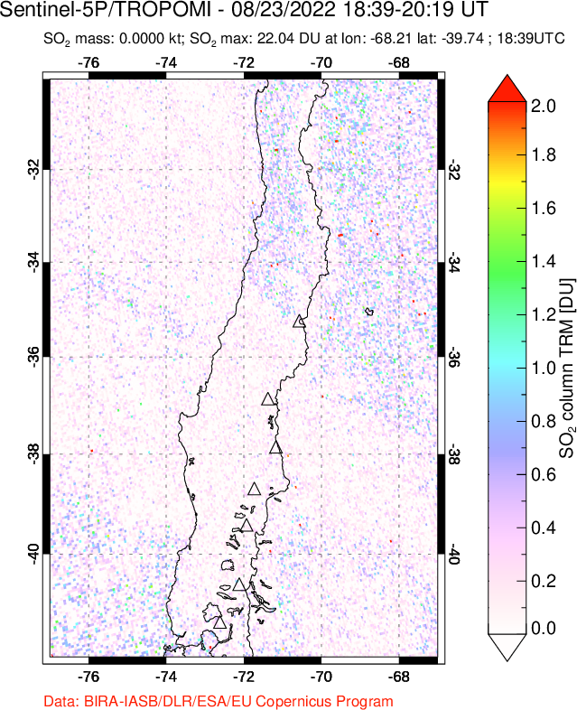 A sulfur dioxide image over Central Chile on Aug 23, 2022.