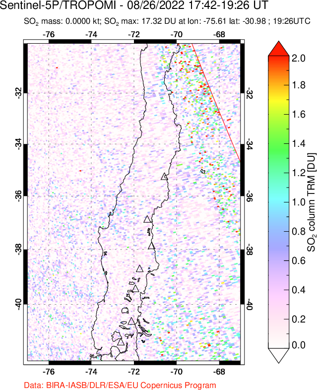 A sulfur dioxide image over Central Chile on Aug 26, 2022.