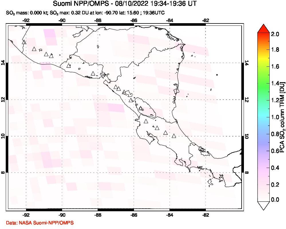 A sulfur dioxide image over Central America on Aug 10, 2022.